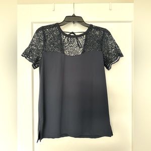 Ann Taylor Navy Blue Lace Accent Top Tie Back Size S